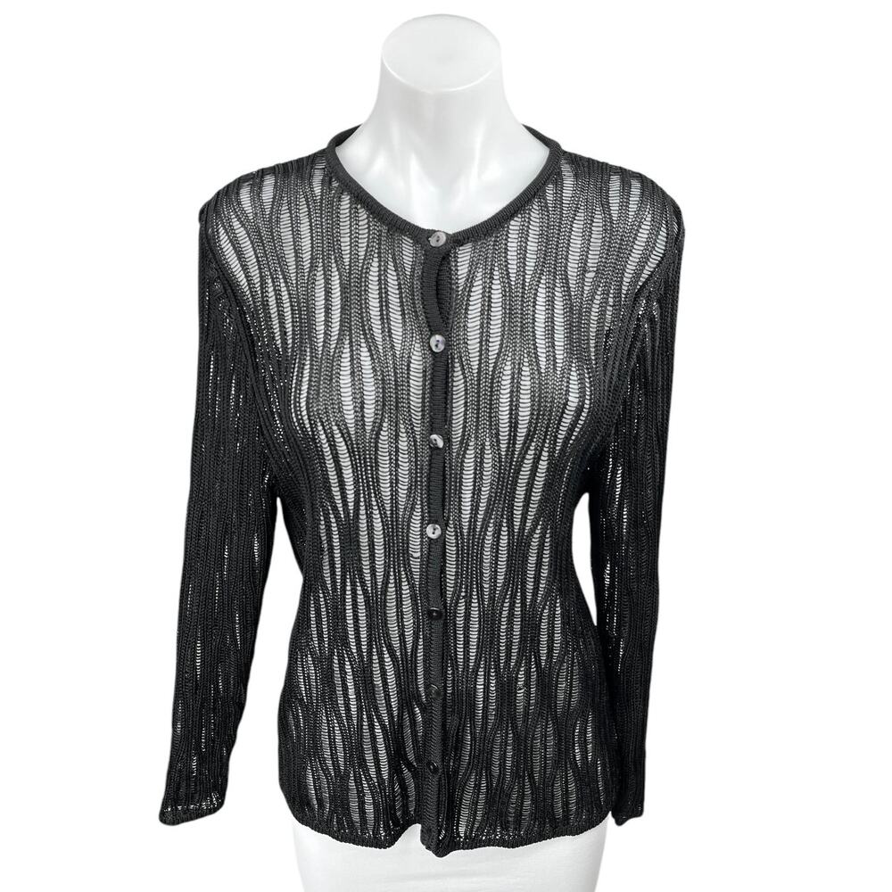 Valerie Stevens Black Open Knit Button Down Cardigan Sweater Top Size L